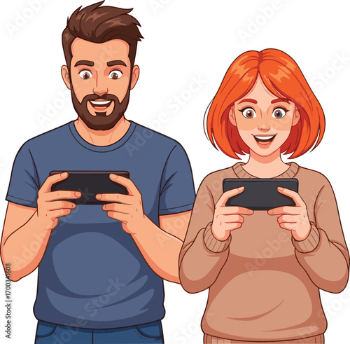 Excited young man and woman playing mobile games, enjoying smartphone gaming experience, fun time, teamwork, digital entertainment, competition, joy.