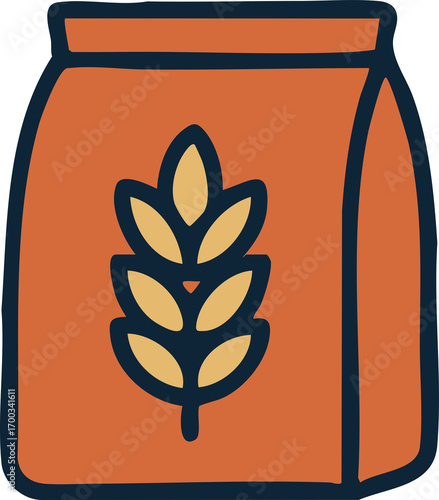 Wheat grain icon on orange food bag, symbolizing natural organic product