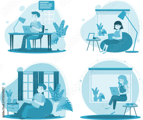 People working at coworking space simple flat design