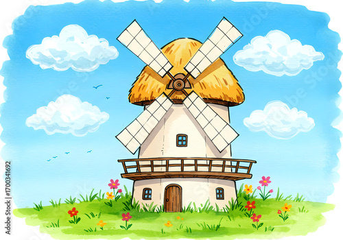 Cartoon Windmill Illustration with Blue Sky Clouds and Green Grass Background