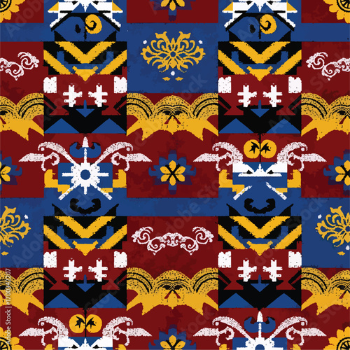 Vibrant geometric pattern with tribal motifs and bold color combinations design, seamless pattern, Stock royalty free image.