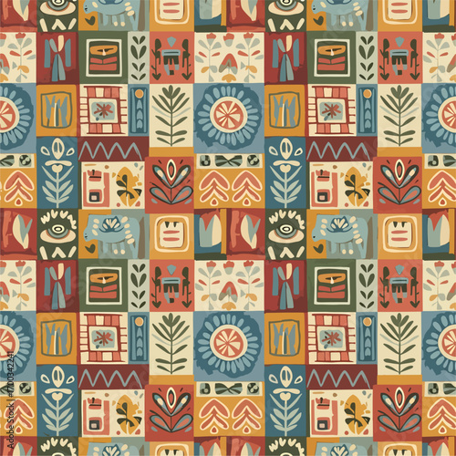 Vibrant folk art pattern featuring an array of stylized floral and animal motifs, patern seamless, Stock royalty image.