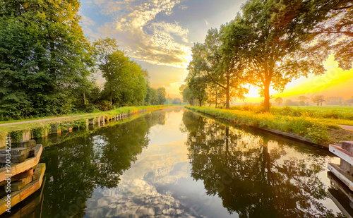 A beautifully picturesque sunset is reflecting in a calm and serene river, surrounded by lush greenery and trees