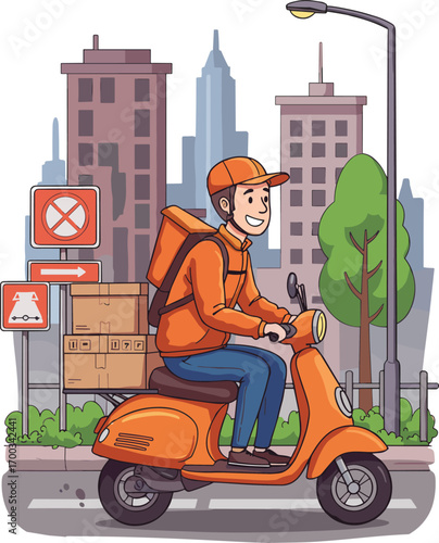 Urban delivery rider on scooter with orange backpack navigating city streets, logistics boxes, traffic signs, and modern buildings in background