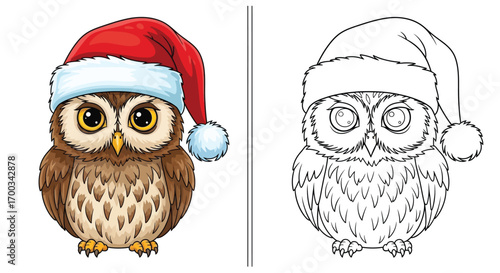 Holiday Owl in Santa Hat Coloring Page with Color and Outline Versions Fun Kids Activity
