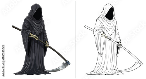 Spooky Hooded Reaper with Scythe Halloween Coloring Page Creepy Art for Children