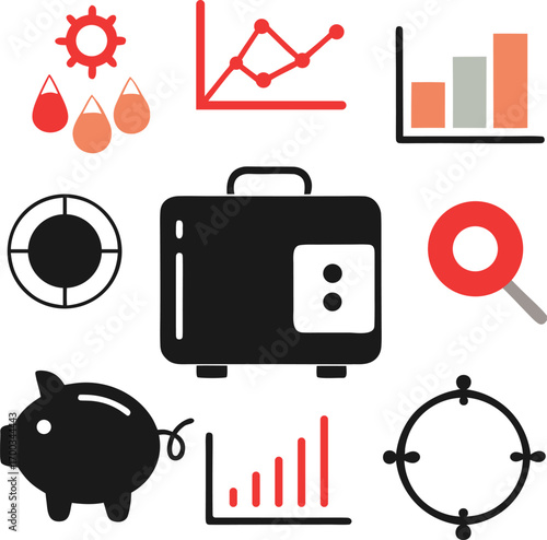 Collection of business and finance icons including a briefcase piggy bank charts and targets isolated on white background silhouette