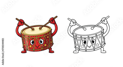 New Year Drum Beating Character Coloring Page Festive Celebration Music Kids Fun