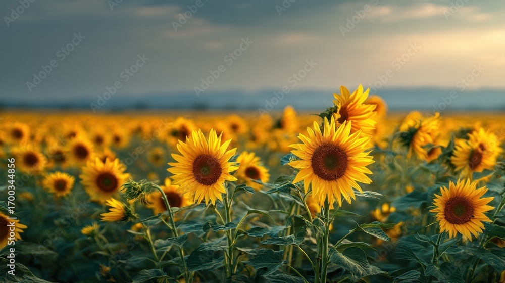 Fototapeta premium A beautiful field of blooming sunflowers under a dramatic sunset sky with warm golden light illuminating the yellow petals