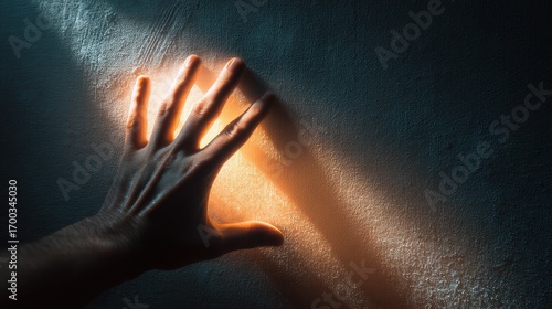 A human hand touching a textured wall illuminated by a dramatic beam of warm light against a dark background