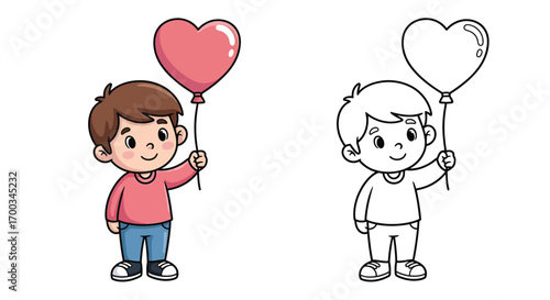 Romantic Boy Holding Heart Balloon Coloring Page Valentine's Day Kids Activity