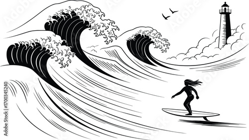 Surfer riding big waves, ocean adventure scene, lighthouse and seascape, surfing silhouette art, powerful sea waves, female surfer, extreme water 