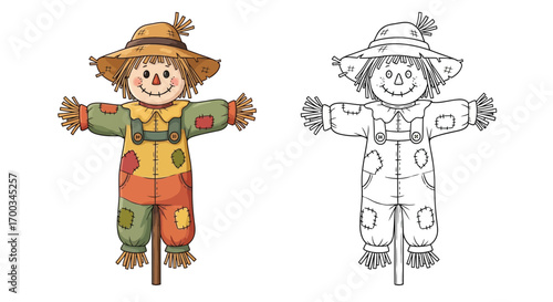 Happy Scarecrow Character Thanksgiving Coloring Page Fall Harvest Printable for Kids