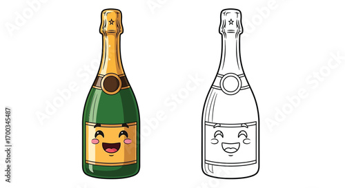 Smiling Champagne Bottle Character New Year Celebration Coloring Page Fun Kids Art