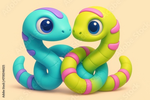 A cute couple of colorful cartoon snakes with big eyes intertwined together, representing love, friendship, and companionship