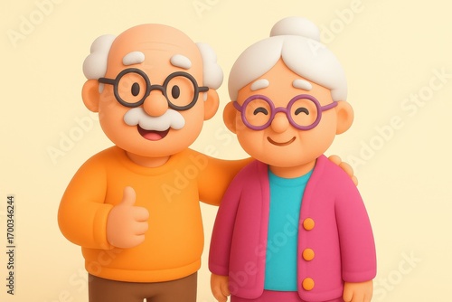 Happy senior couple embracing with the man giving a thumbs up gesture, cute 3D cartoon characters on a yellow background