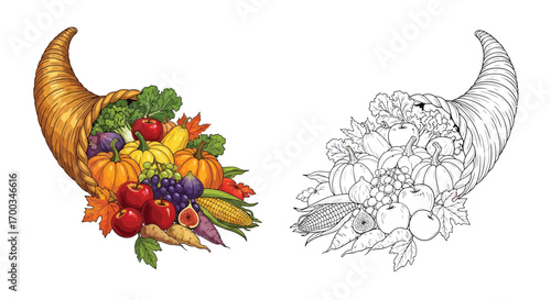 Thanksgiving Cornucopia Coloring Page Fall Harvest Celebration Kids Activity