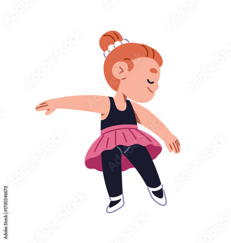 Cute ballet dancer in tutu stands in pose. Ballerina dances in studio. Kid, little girl performs with music. Happy child is learning positions. Flat isolated vector illustration on white background
