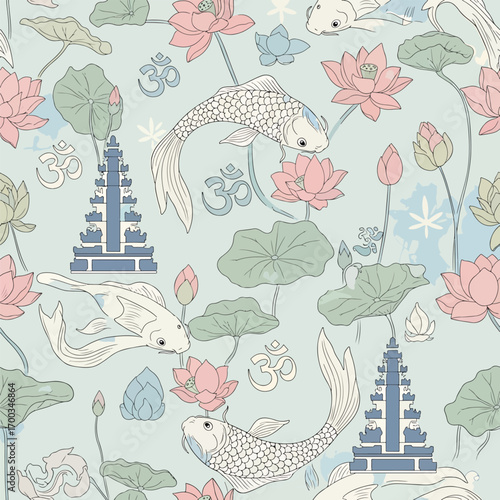 Serene koi fish and lotus flower pond illustration with spiritual symbols art, seamless pattern, Stock royalty free image.
