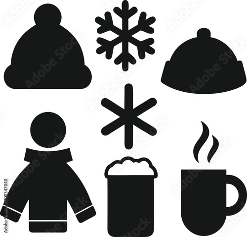 Collection of winter clothing and hot drinks in silhouette style isolated on white background