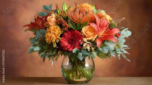 Wallpaper Mural Vibrant floral arrangement featuring mix of colorful flowers including roses, lilies, and gerbera daisies, beautifully displayed in glass vase. warm tones evoke sense of joy and celebration Torontodigital.ca