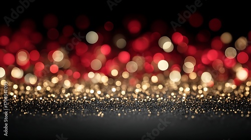 the image presents a festive scene with blurred lights against a dark backdrop. at the bottom, a collection of small, sparkling gold specks forms a dense layer