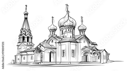 Orthodox church architectural sketch with domes and tower  
