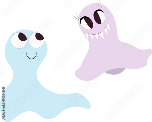 Two adorable cartoon ghosts in love, blue and pink colors. Perfect for romantic Halloween designs, greeting cards, or sweet couples gifts.