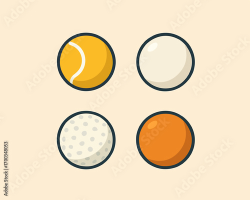 Four sports balls: tennis, ping pong, golf, and a generic ball.  Simple, colorful icons.