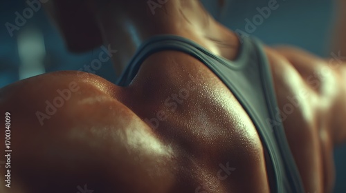 Close Up of Sweaty Toned Female Shoulder in Athletic Sportswear in Dim Light
