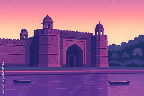 Flat vector illustration of Purana Qila (Old Fort) in Delhi, a historic fortress with a boating lake in the foreground and massive stone walls and arched gateways.

