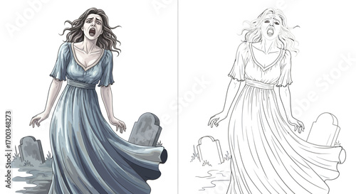 Scary Wailing Banshee Woman Halloween Coloring Page Spooky Fun Printable for Kids