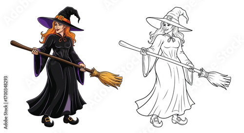 Witch with Classic Broom Halloween Coloring Page Spooky Fun Kids Activity