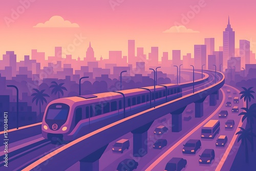 Dynamic flat vector illustration of a Delhi Metro train on an elevated track with the urban skyline and city traffic below, representing a modern city.

