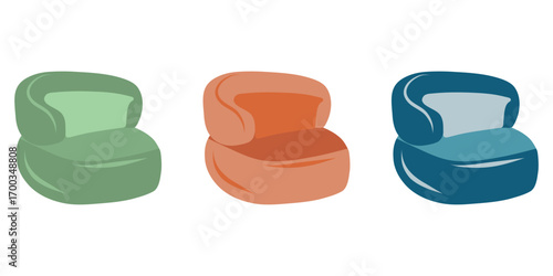 Armchairs Set, Chair Furniture Illustration, Cozy Chair. Orange, green, blue