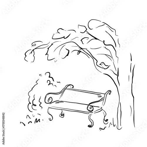 Elegant vintage garden bench under tree. Vector whimsical quickly sketch line art illustration. Perfect for book romance themes, Victorian aesthetics, outdoor scenes, wedding decor, posters, cards.