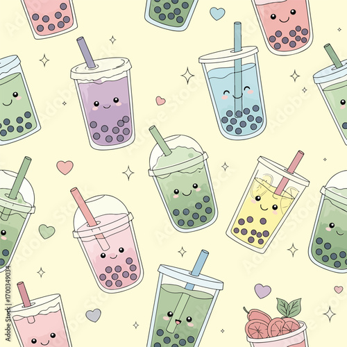 Seamless pattern of various cute bubble tea drinks with kawaii faces and pastel colors, seamless pattern, Stock royalty image.