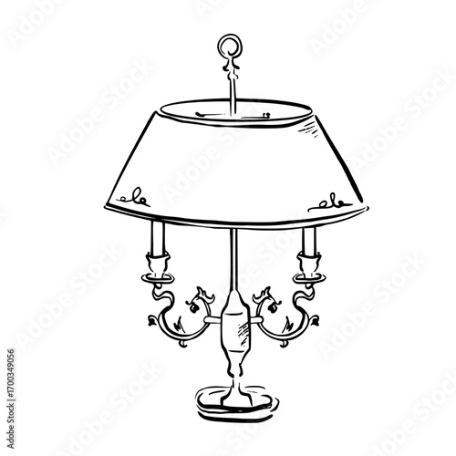 Elegant vintage table lamp with ornate details. Vector whimsical quickly sketch line art illustration. Perfect for prints, stationery, journaling, branding, invitations, posters, vintage decor.