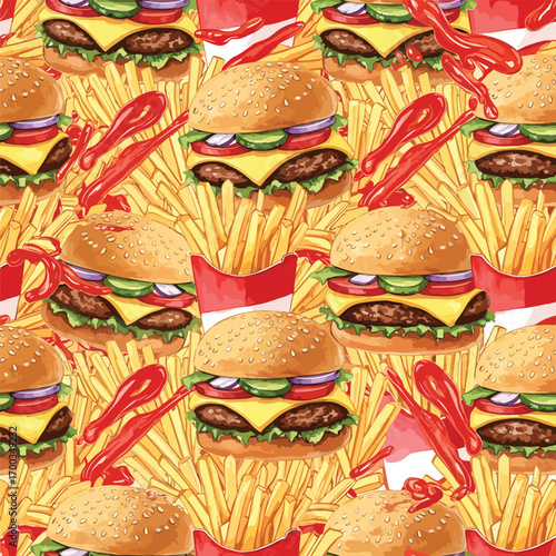 Seamless pattern of tasty burgers french fries and ketchup food background, seamless pattern, royalty free stock.