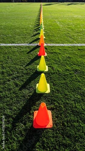 Colorful training cones on a green field.
