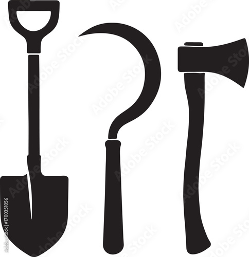 "Vector silhouette of an agricultural tool set, including a spade, sickle, and axe