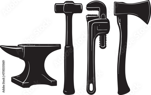 Vector silhouette of a construction tool kit, featuring a hammer,  and crowbar