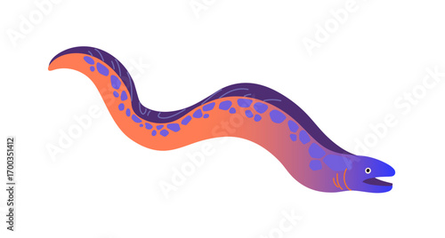 Wild muraena in gradient style is swimming underwater. Moray eel of Atlantic Ocean. Long sea fish. Tropical undersea animal. Exotic wildlife. Flat isolated vector illustration on white background
