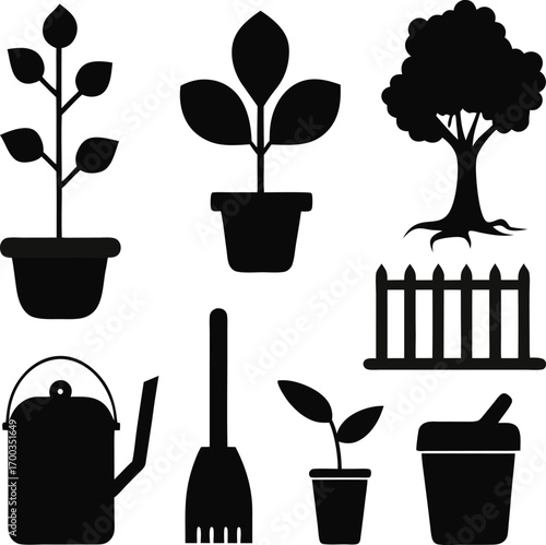 Collection of garden and plant silhouettes including potted plants a tree a fence a watering can and a broom isolated on white background silhouette