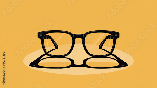 A minimalist illustration of black-framed rectangular glasses on a solid yellow-orange background