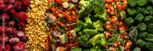 A vibrant, colorful banner showcasing frozen fruits and vegetables, symbolizing the preparation of fresh produce for the winter season with an emphasis on healthy, organic preservation