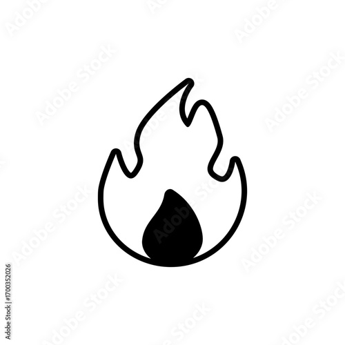 Simple black and white illustration of a stylized flame, representing fire and heat, isolated.