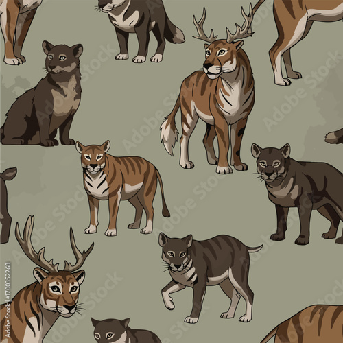 Seamless pattern featuring extinct mammalian predators with unique designs, seamless pattern, Stock royalty free image.