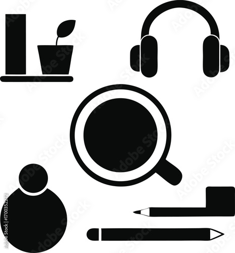 Collection of silhouette icons representing study and relaxation isolated on white background