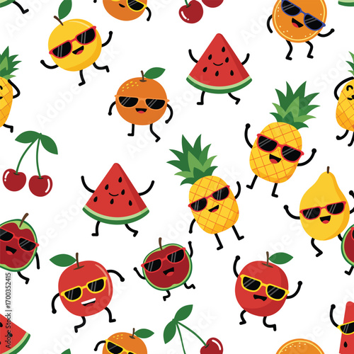 Seamless pattern featuring dancing fruit characters wearing sunglasses illustration, seamless pattern, Stock royalty free image.